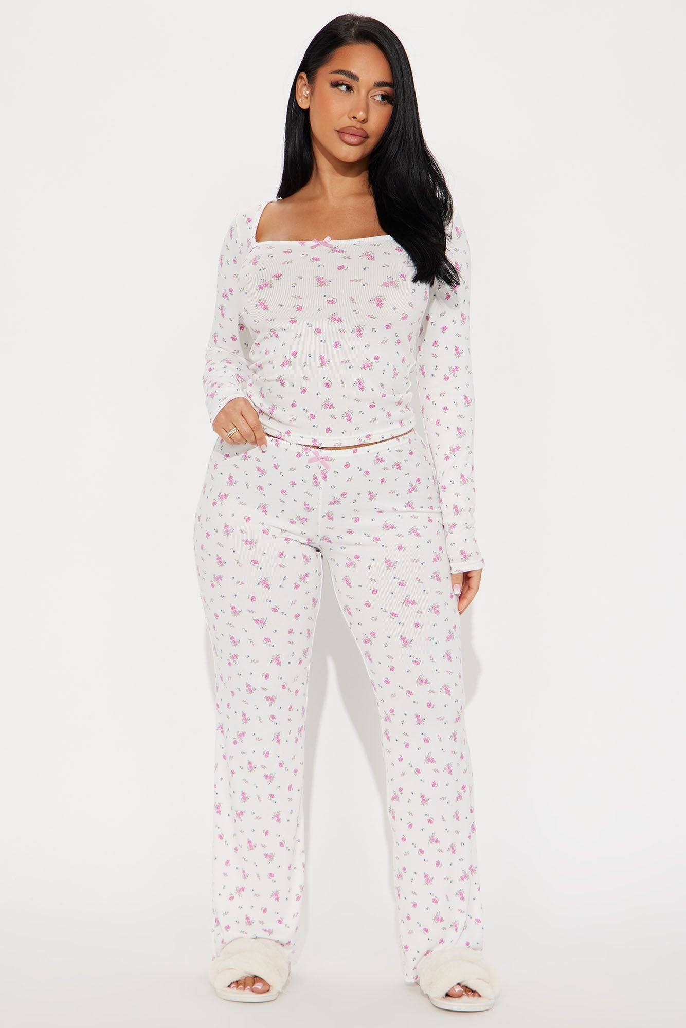 Dreams In Bloom Ribbed PJ Pant Set - White/combo