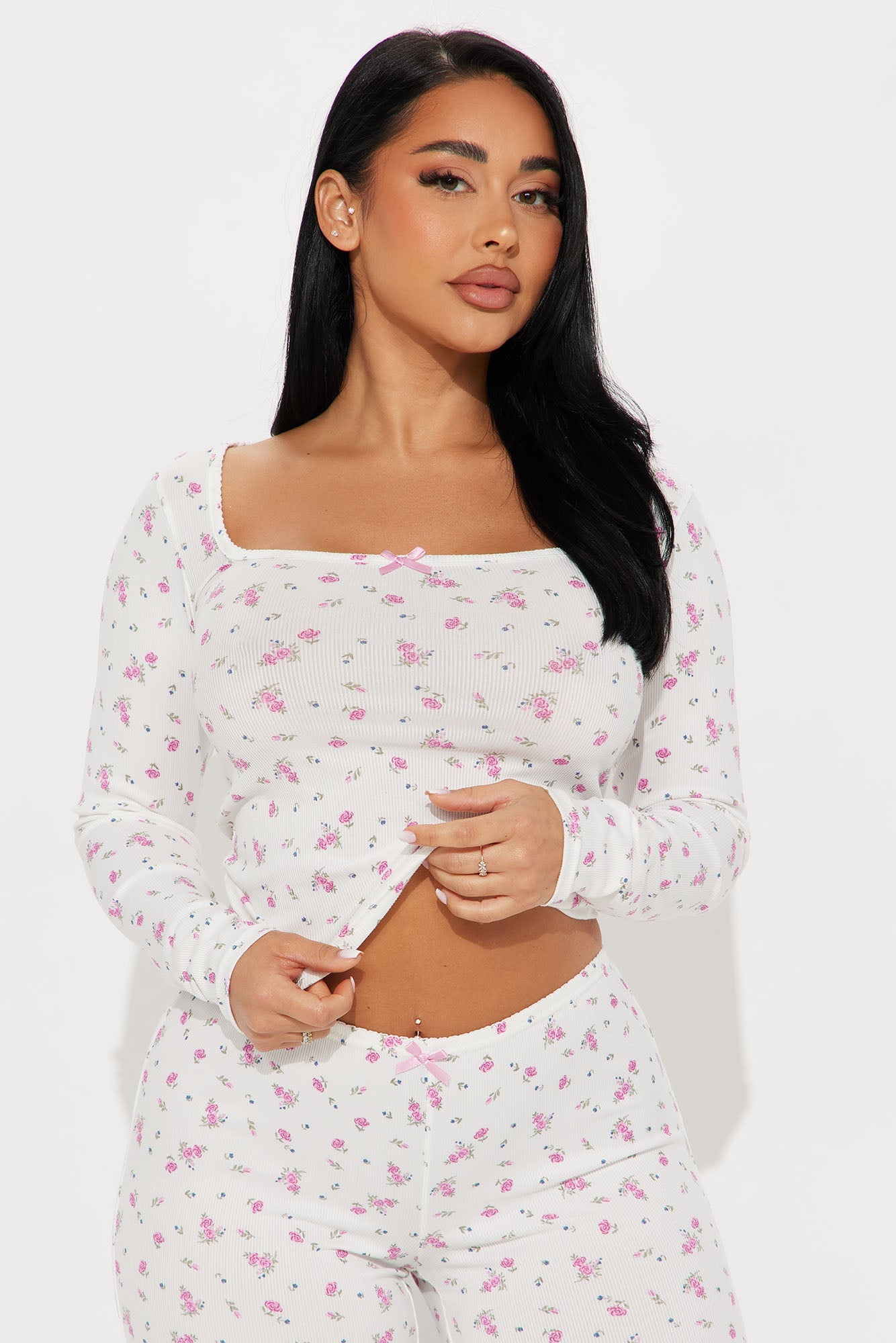 Dreams In Bloom Ribbed PJ Pant Set - White/combo