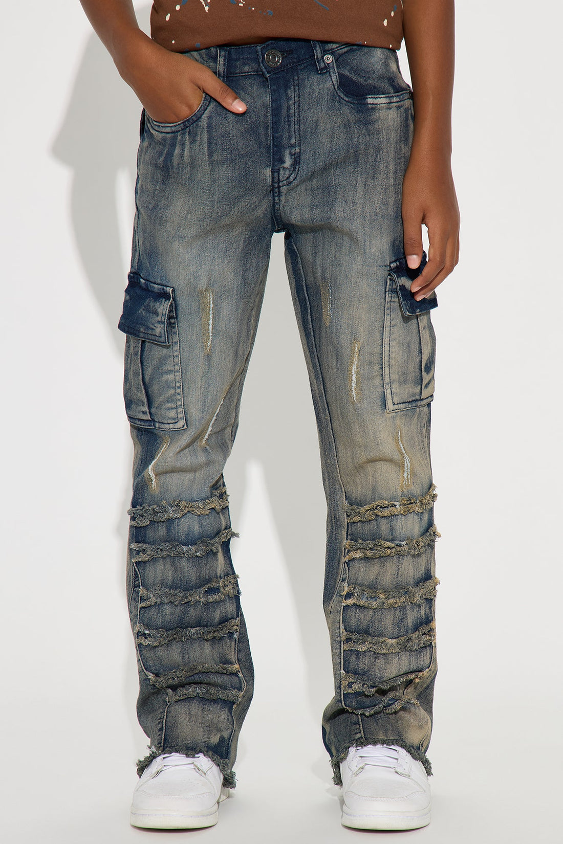 Mini Hudson Frayed Tinted Cargo Flare Leg Jeans - Medium Wash