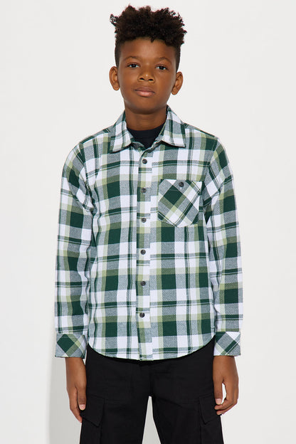 Mini Set My Mind To It Flannel Button Down Shirt - Green/combo