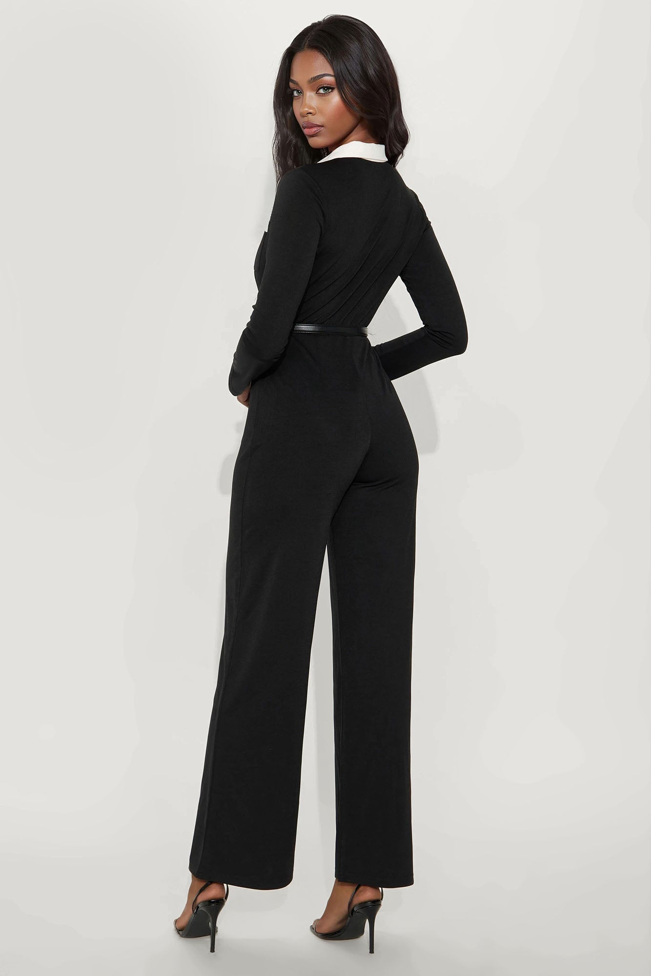 Coco Belted Collar Long Sleeve Jumpsuit - Black