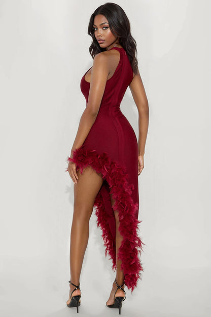 Jorgie Feathered Bandage Gown - Wine