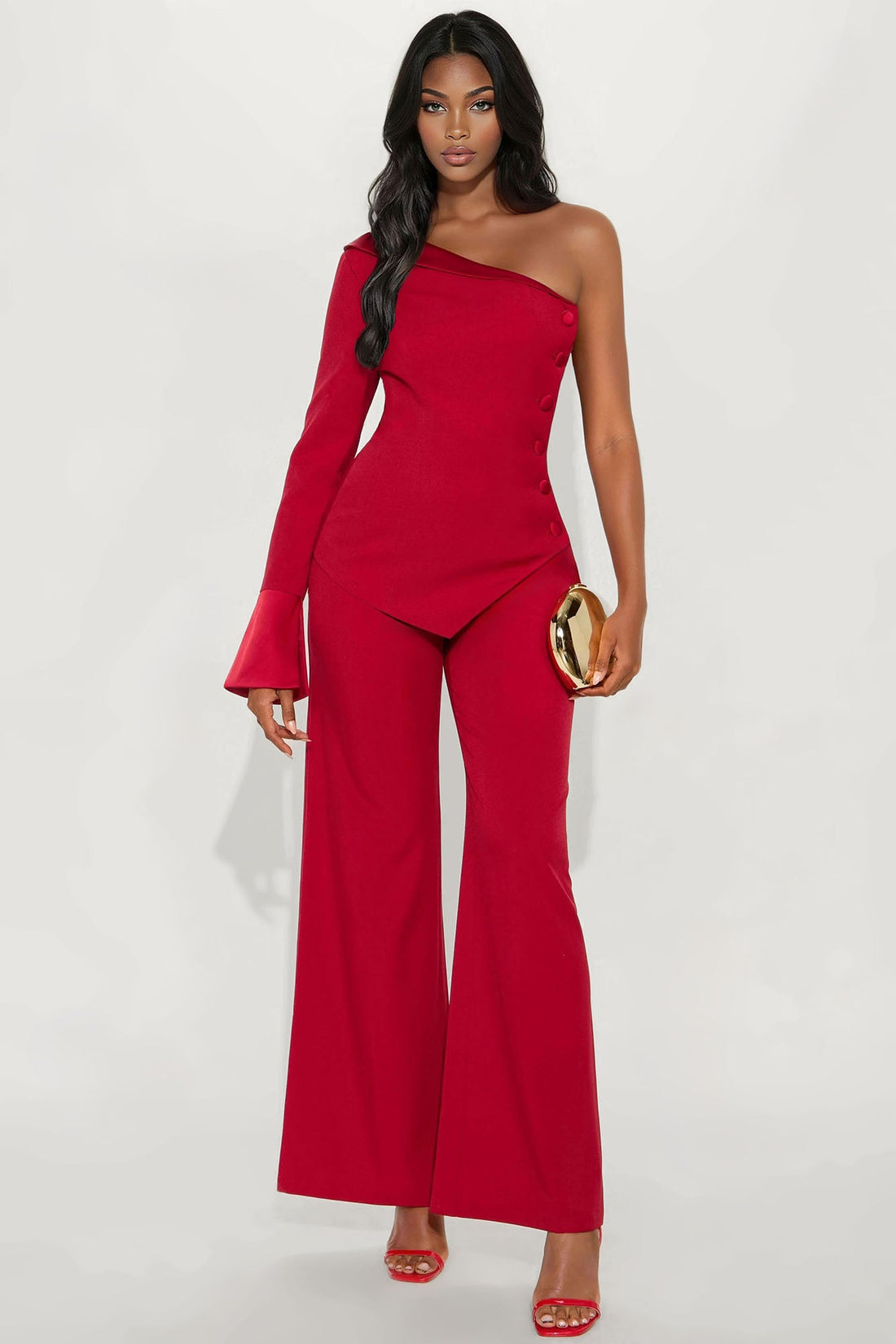 Adeline One Shoulder Satin Contrast Wide Leg Pant Set - Red