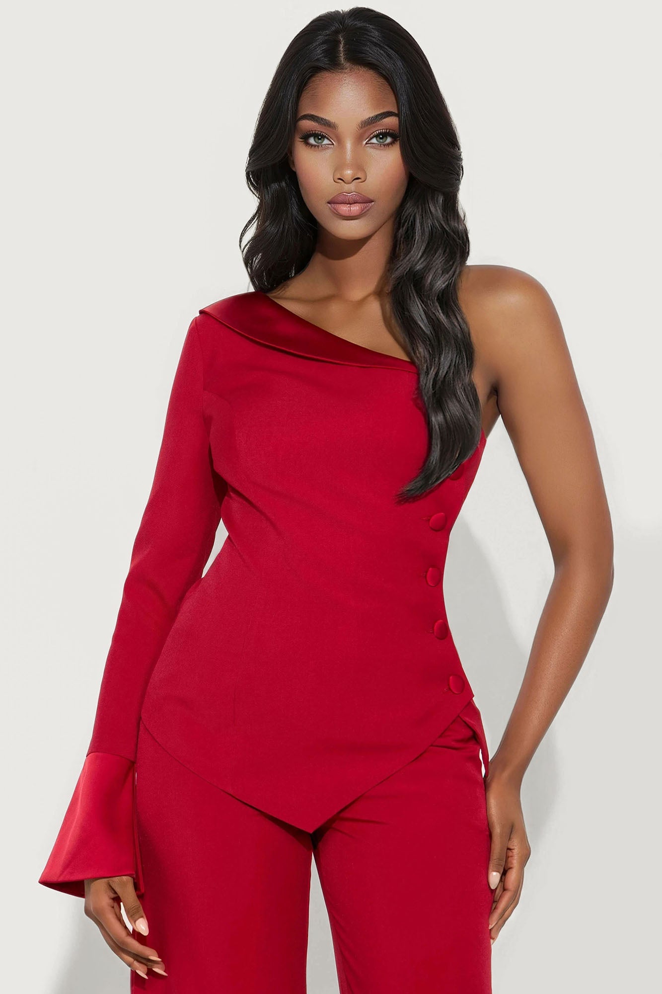 Adeline One Shoulder Satin Contrast Wide Leg Pant Set - Red