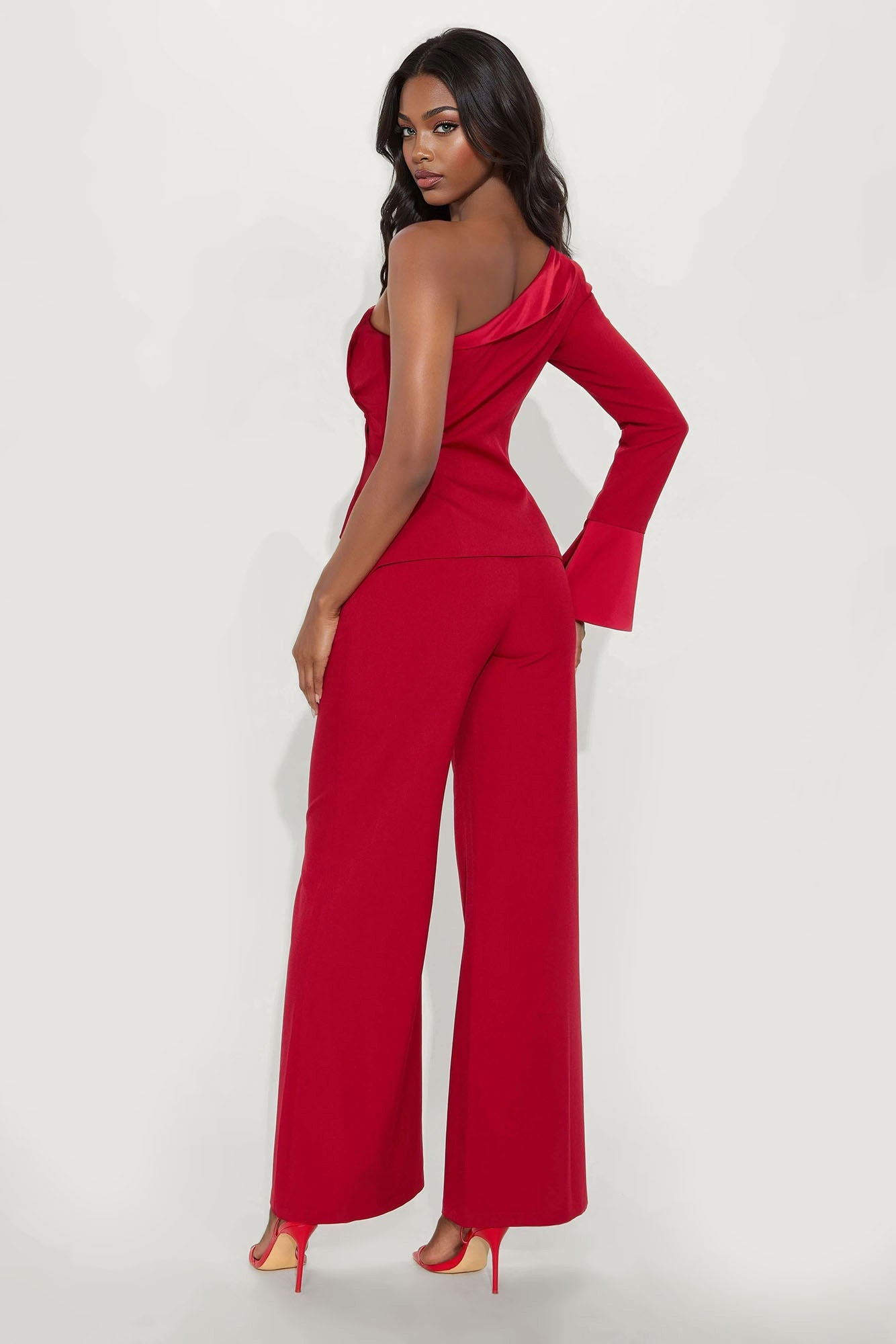 Adeline One Shoulder Satin Contrast Wide Leg Pant Set - Red