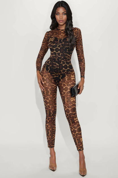Hazel Python Print Mesh Jumpsuit - Brown Combo