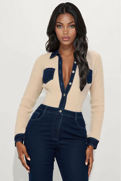Mikayla Denim Sweater Mix Jumpsuit - Dark Denim