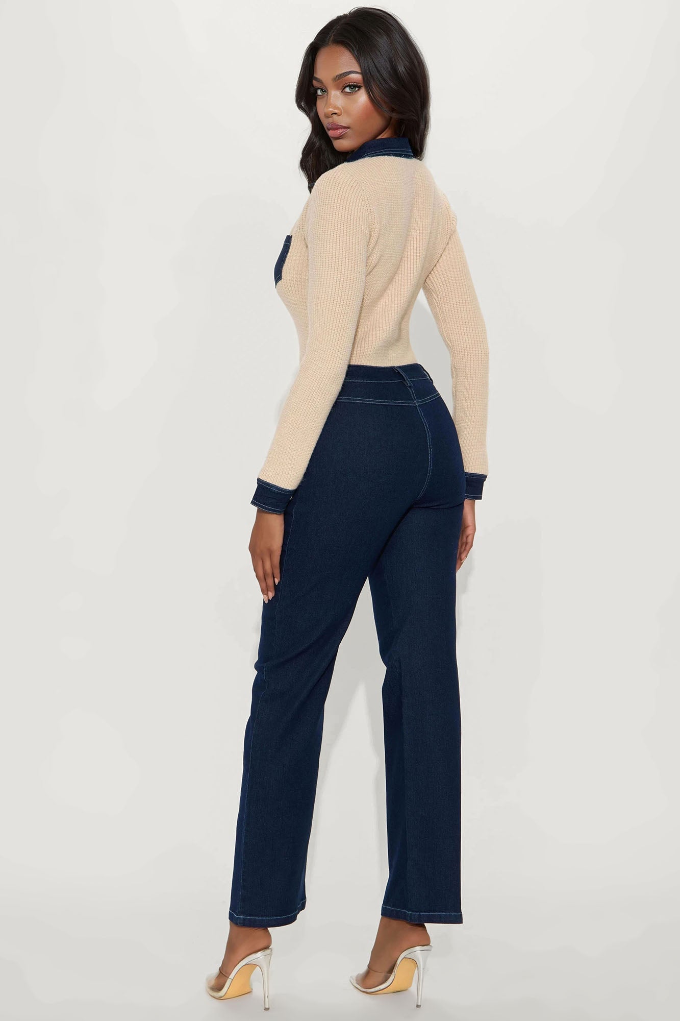 Mikayla Denim Sweater Mix Jumpsuit - Dark Denim