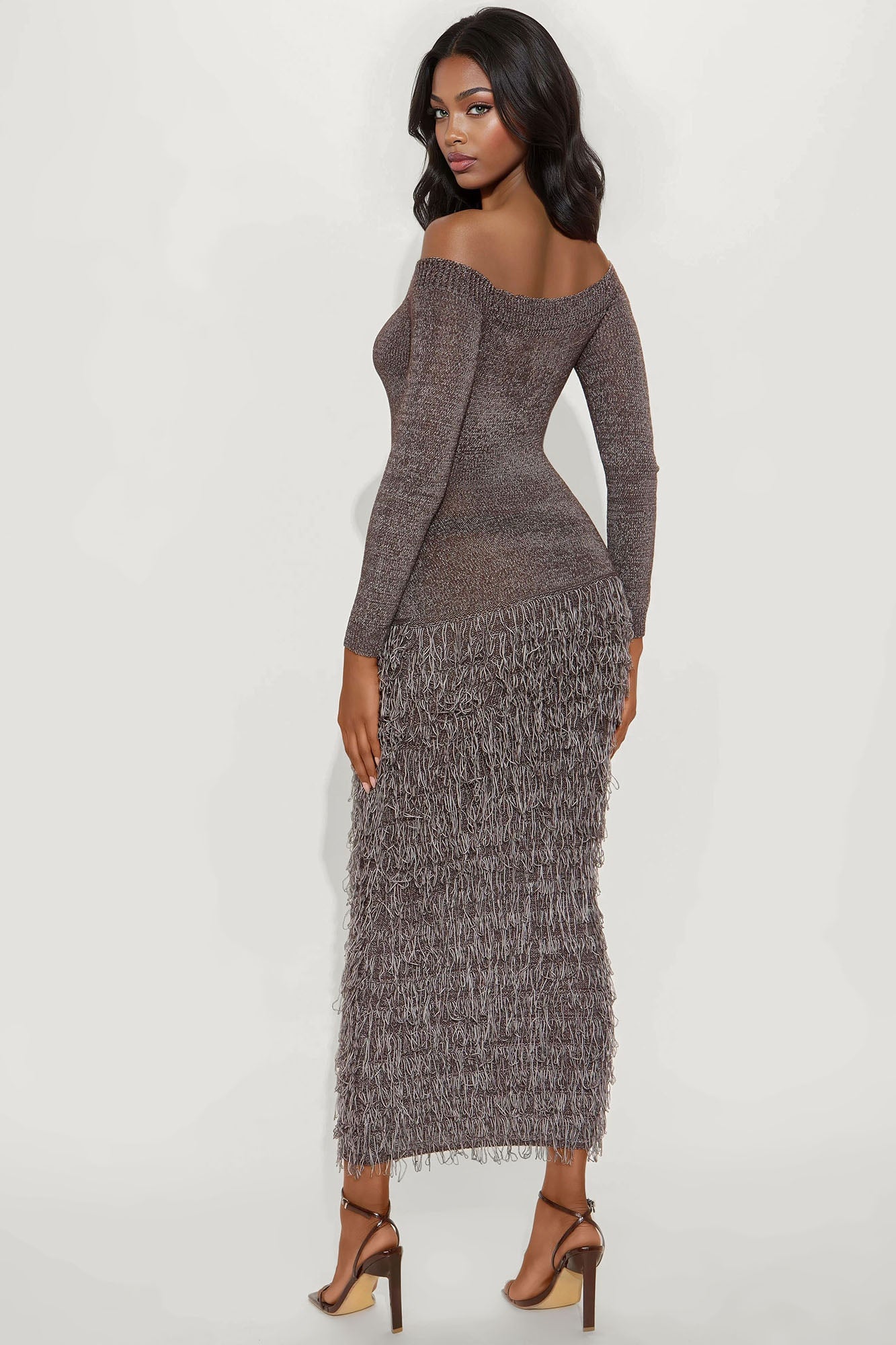 Kimberly Fringe Sweater Maxi Dress - Chocolate