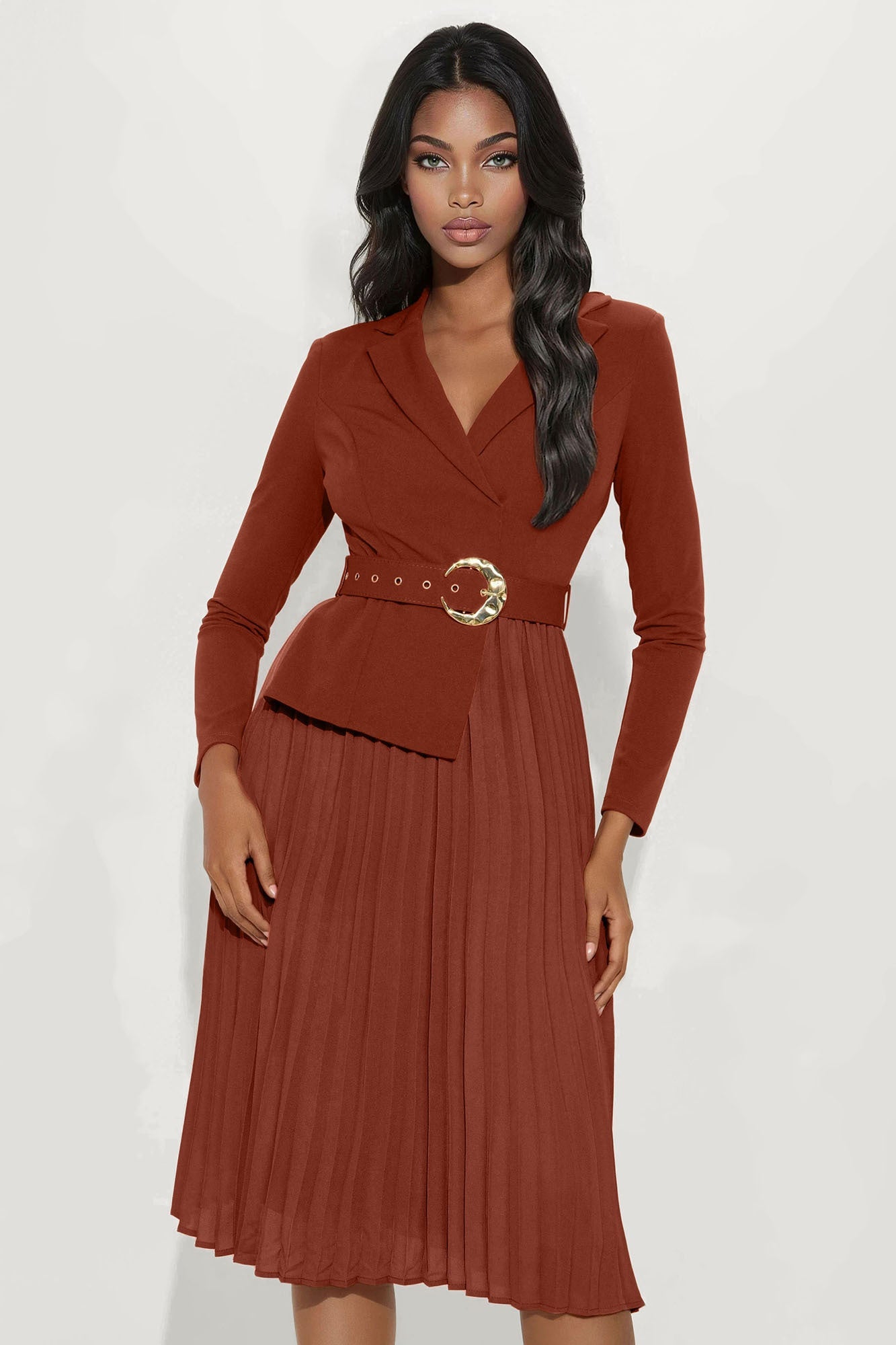 Valli Collar Pleated Midi Dress - Cognac