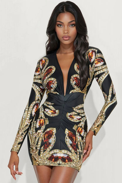 Kendra V Neck Print Mini Dress - Black/combo