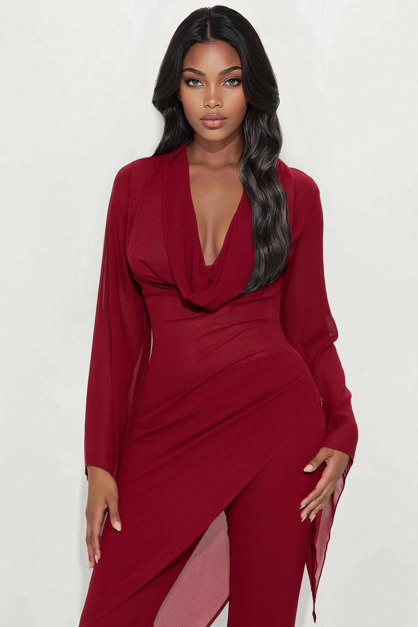 Carmen Asymmetrical Blouse Pant Set - Burgundy