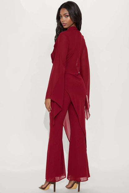 Carmen Asymmetrical Blouse Pant Set - Burgundy