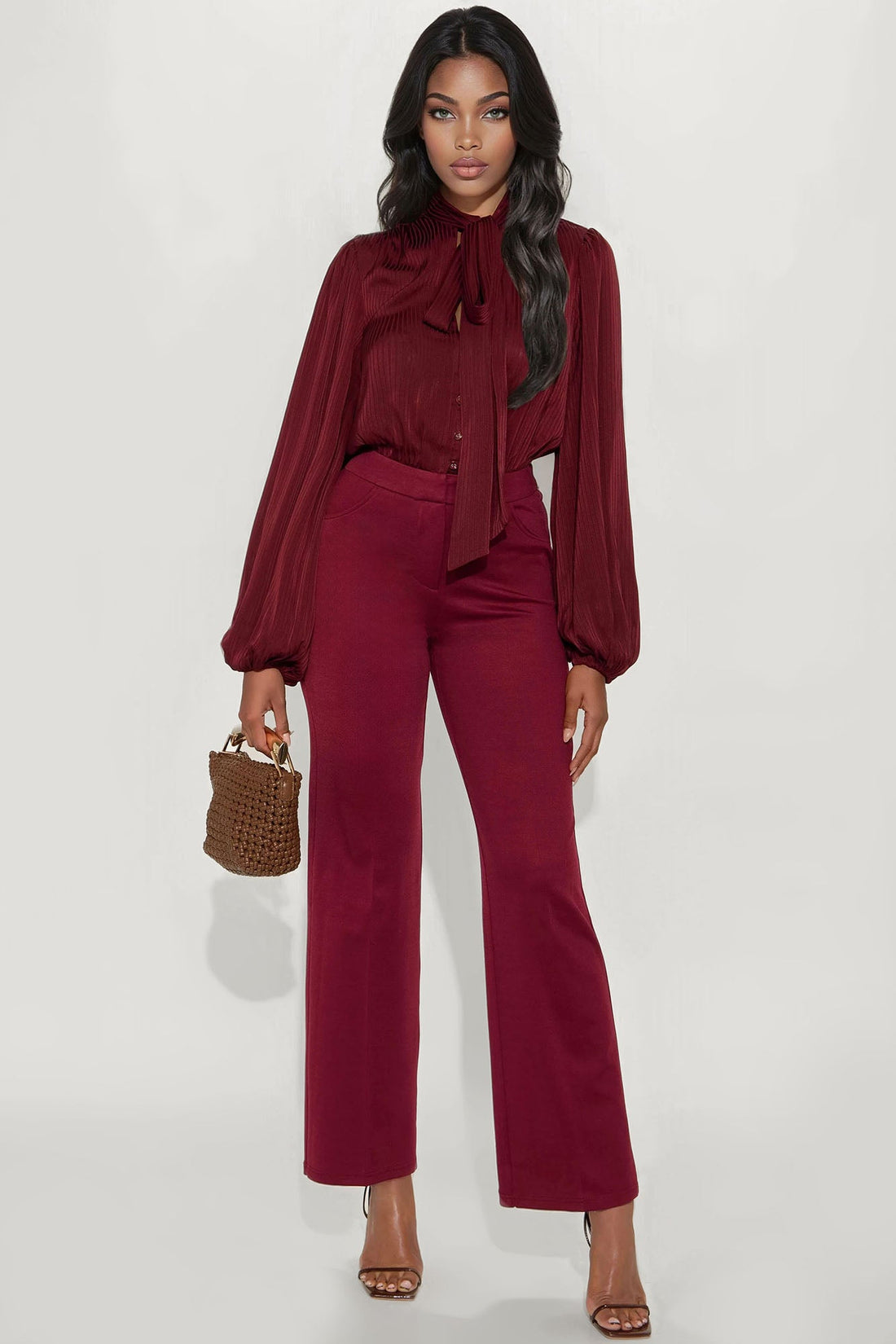 Power Play Long Sleeve Wide Leg Jumpsuit - Wine