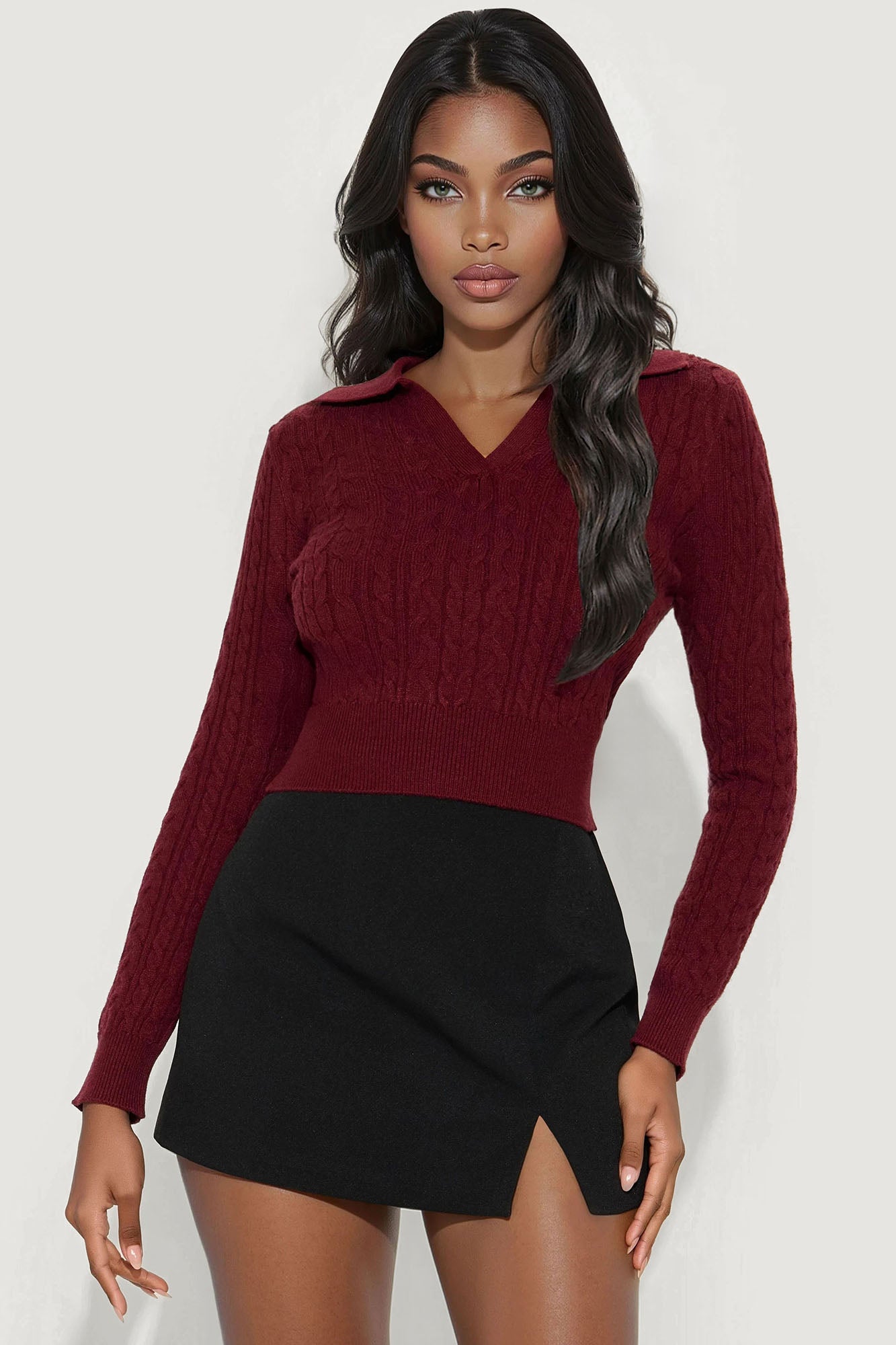 Frosty Cable Knit Sweater - Burgundy