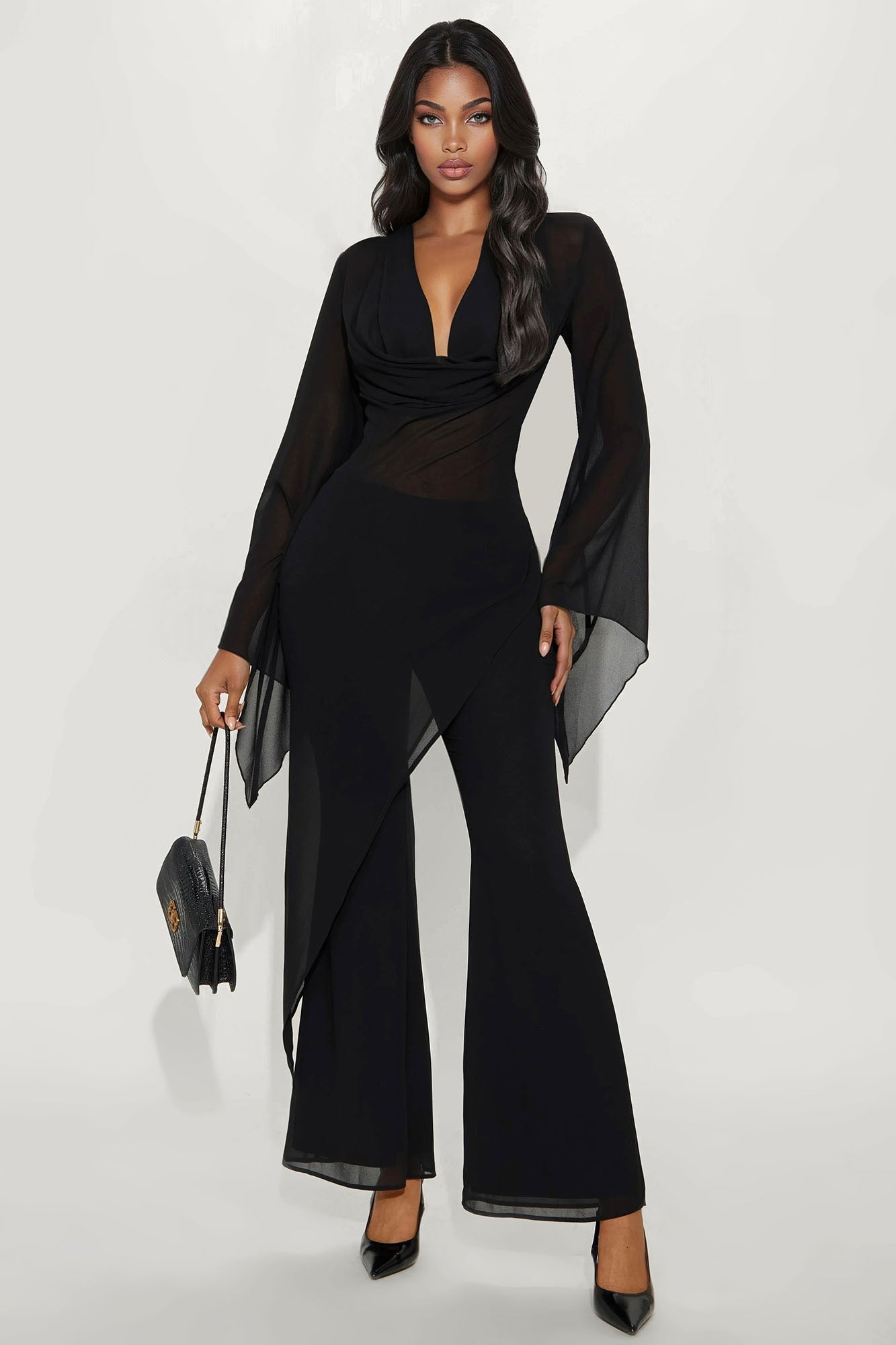 Carmen Asymmetrical Blouse Pant Set - Black