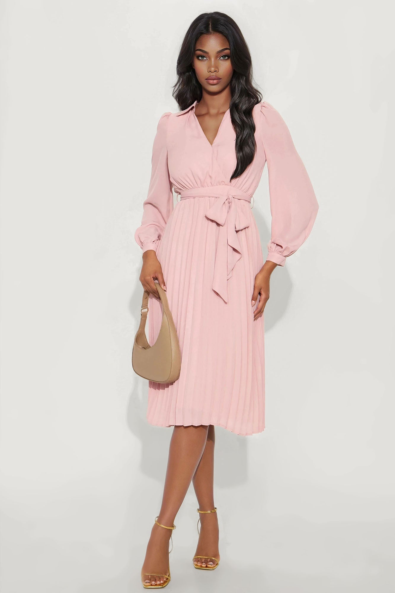 Ariella Tie Waist Pleated Midi Dress - Mauve