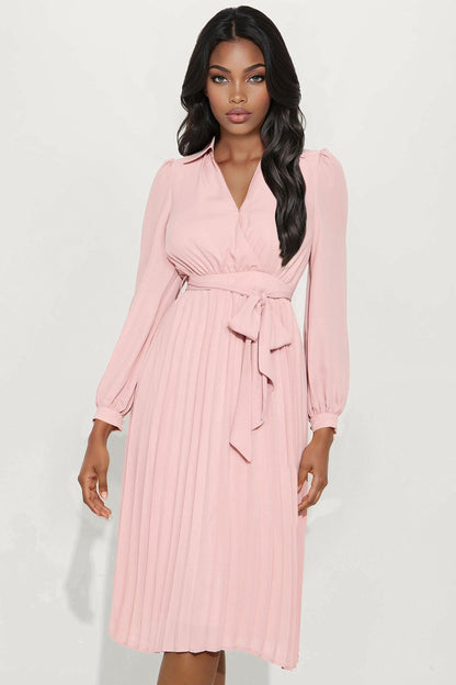 Ariella Tie Waist Pleated Midi Dress - Mauve