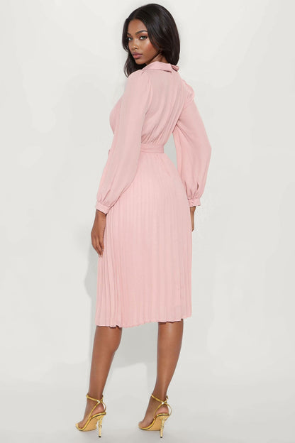 Ariella Tie Waist Pleated Midi Dress - Mauve