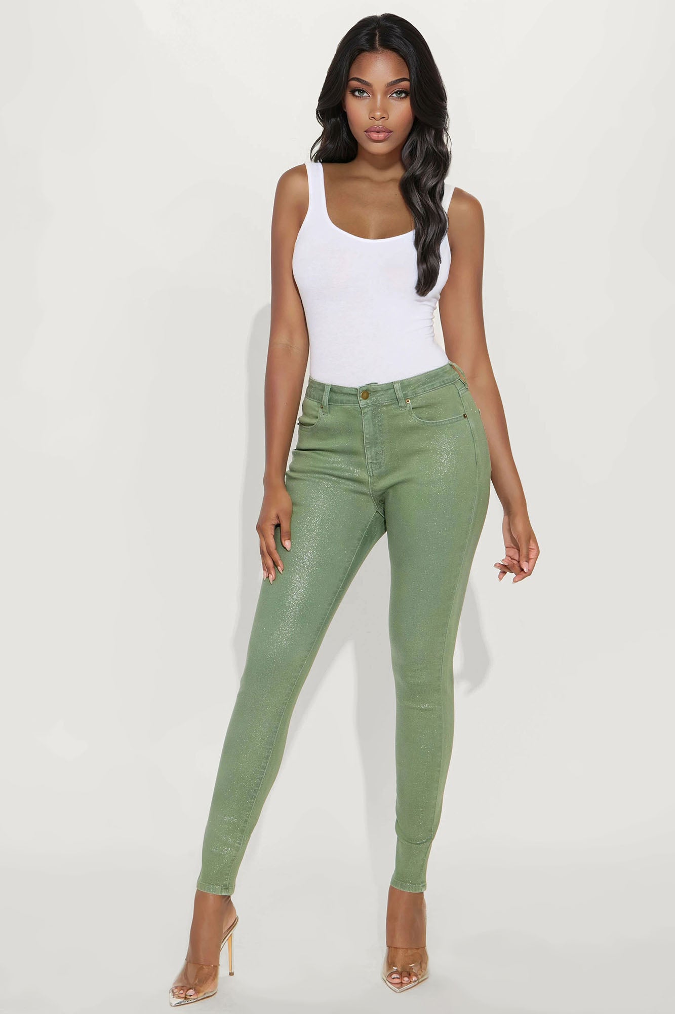 Tall Glorious Glitter Foil Skinny Jean - Olive
