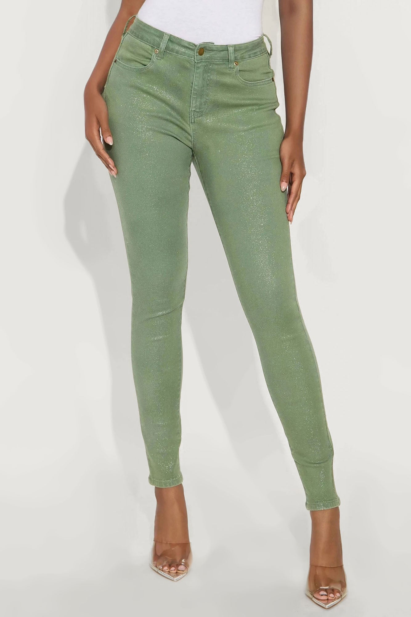 Tall Glorious Glitter Foil Skinny Jean - Olive