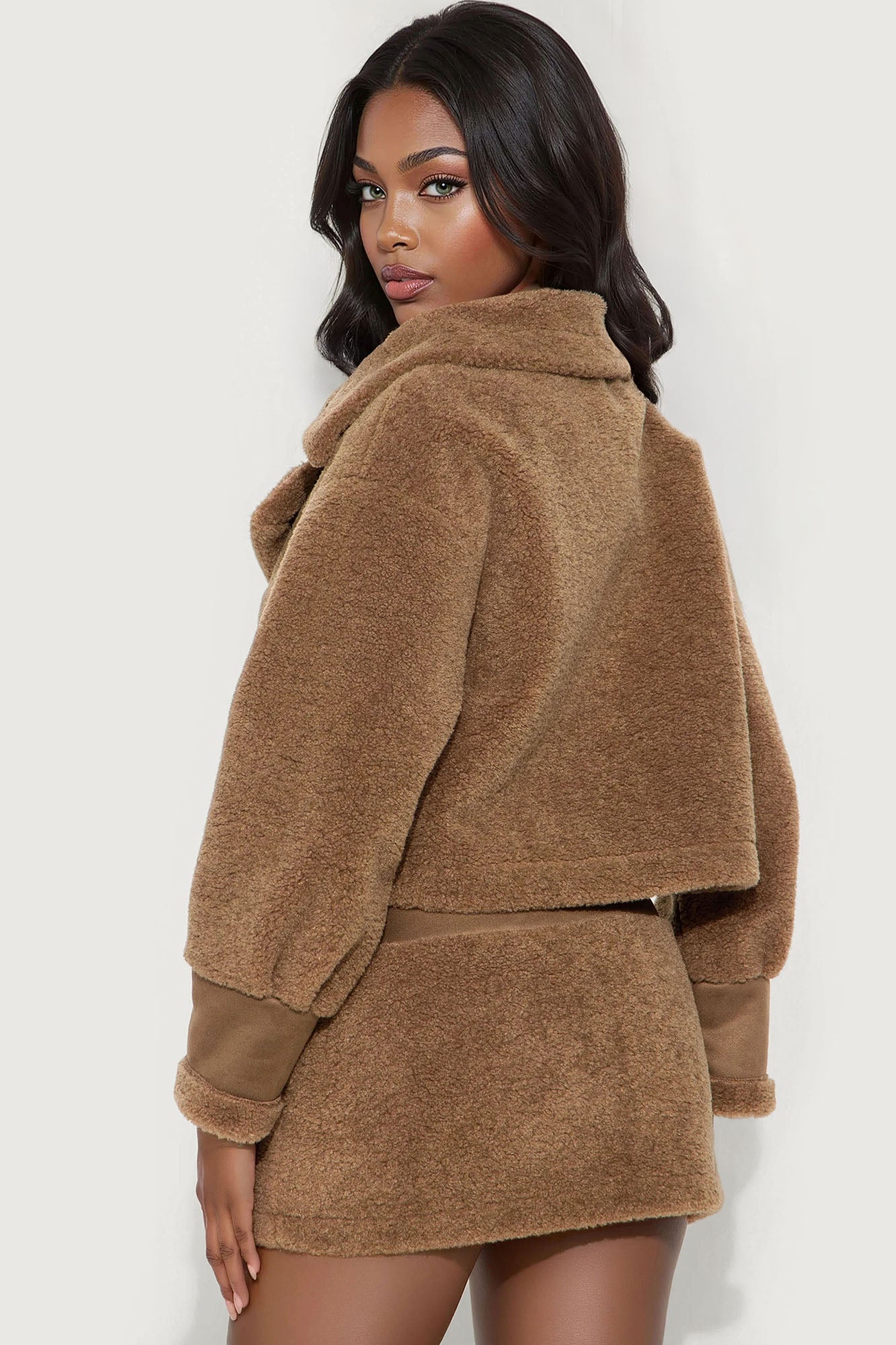 Joelle Fuzzy Jacket And Mini Skirt Set - Mocha