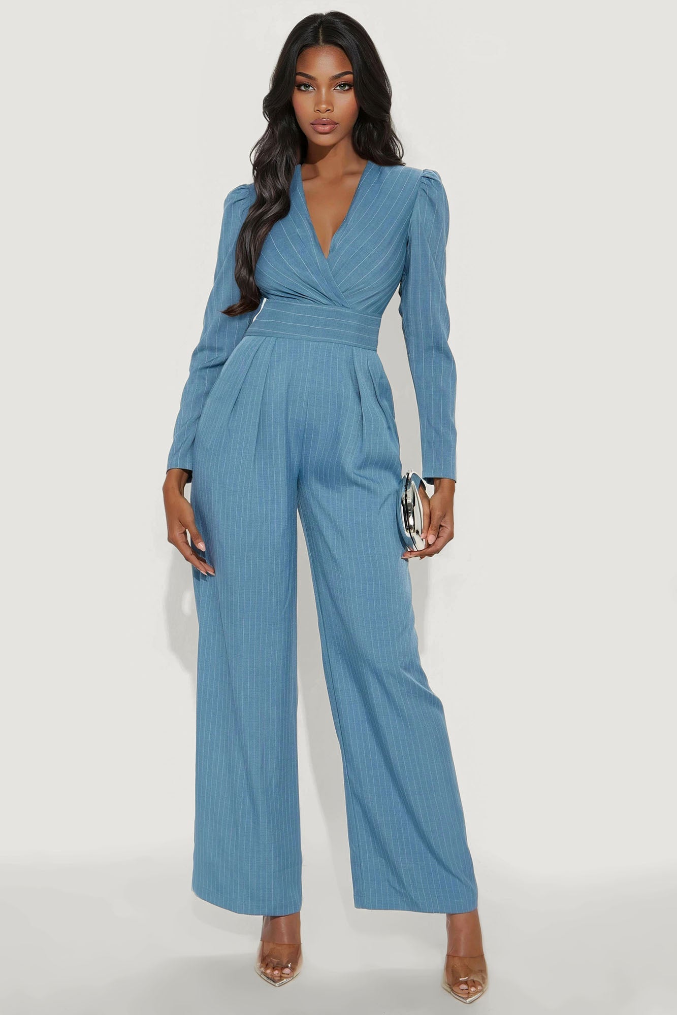 Out To Lunch Pinstripe Wide Leg Jumpsuit - Blue