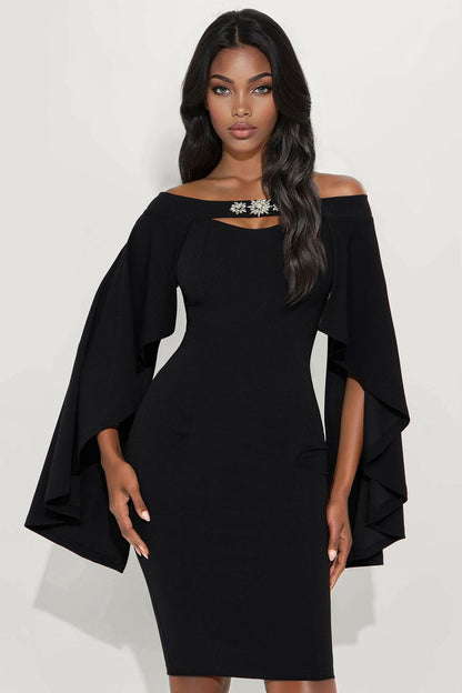 Madalyn Cape Crepe Knit Rhinestone Midi Dress - Black