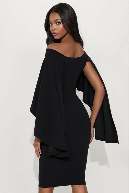 Madalyn Cape Crepe Knit Rhinestone Midi Dress - Black