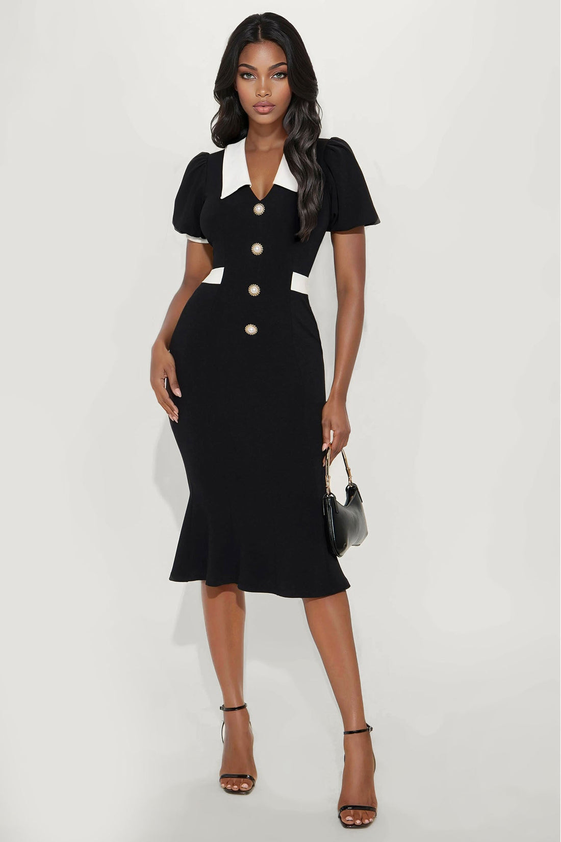 Alora Contrast Mermaid Midi Dress - Black/White