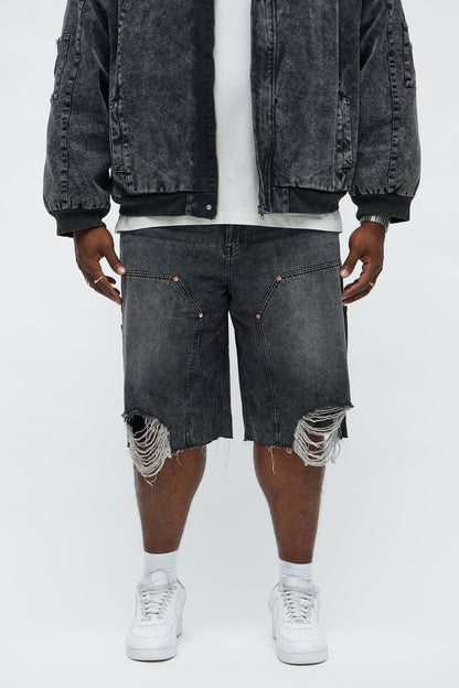 Baggy Knee Blow Out Distressed Carpenter Denim Short - Black Wash