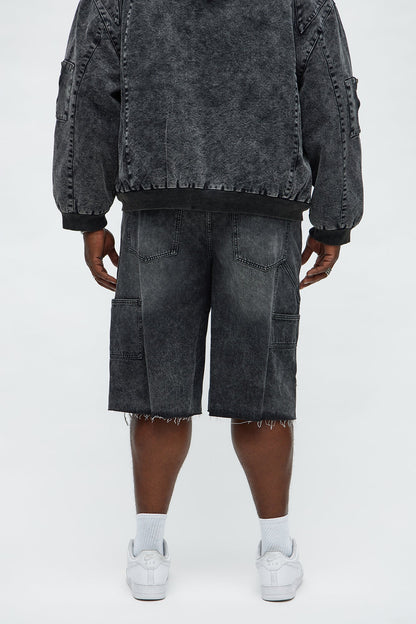 Baggy Knee Blow Out Distressed Carpenter Denim Short - Black Wash
