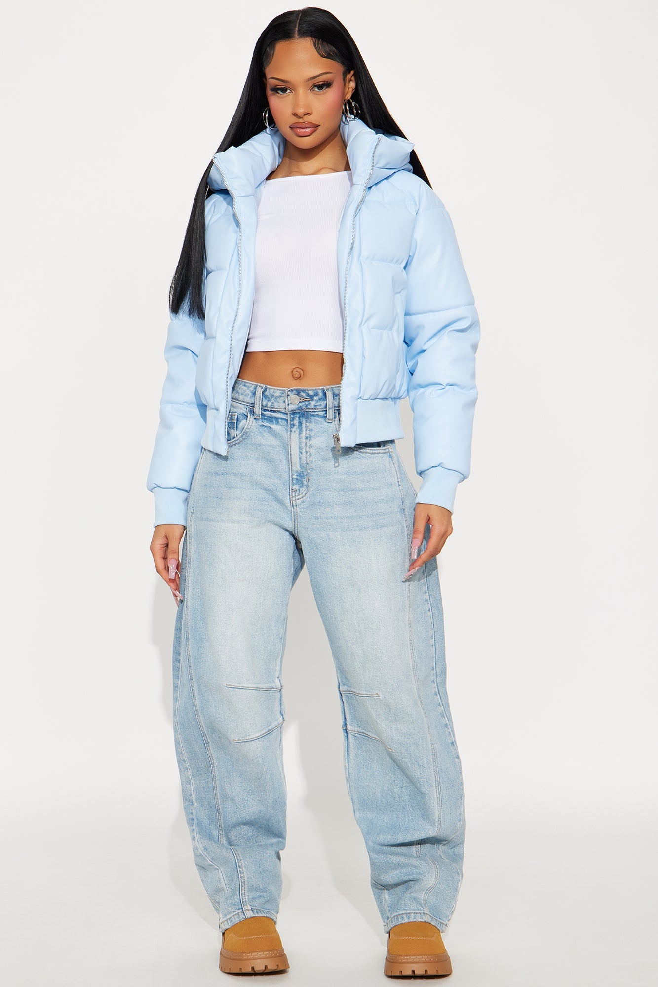Angella Hooded Faux Leather Puffer - Light Blue