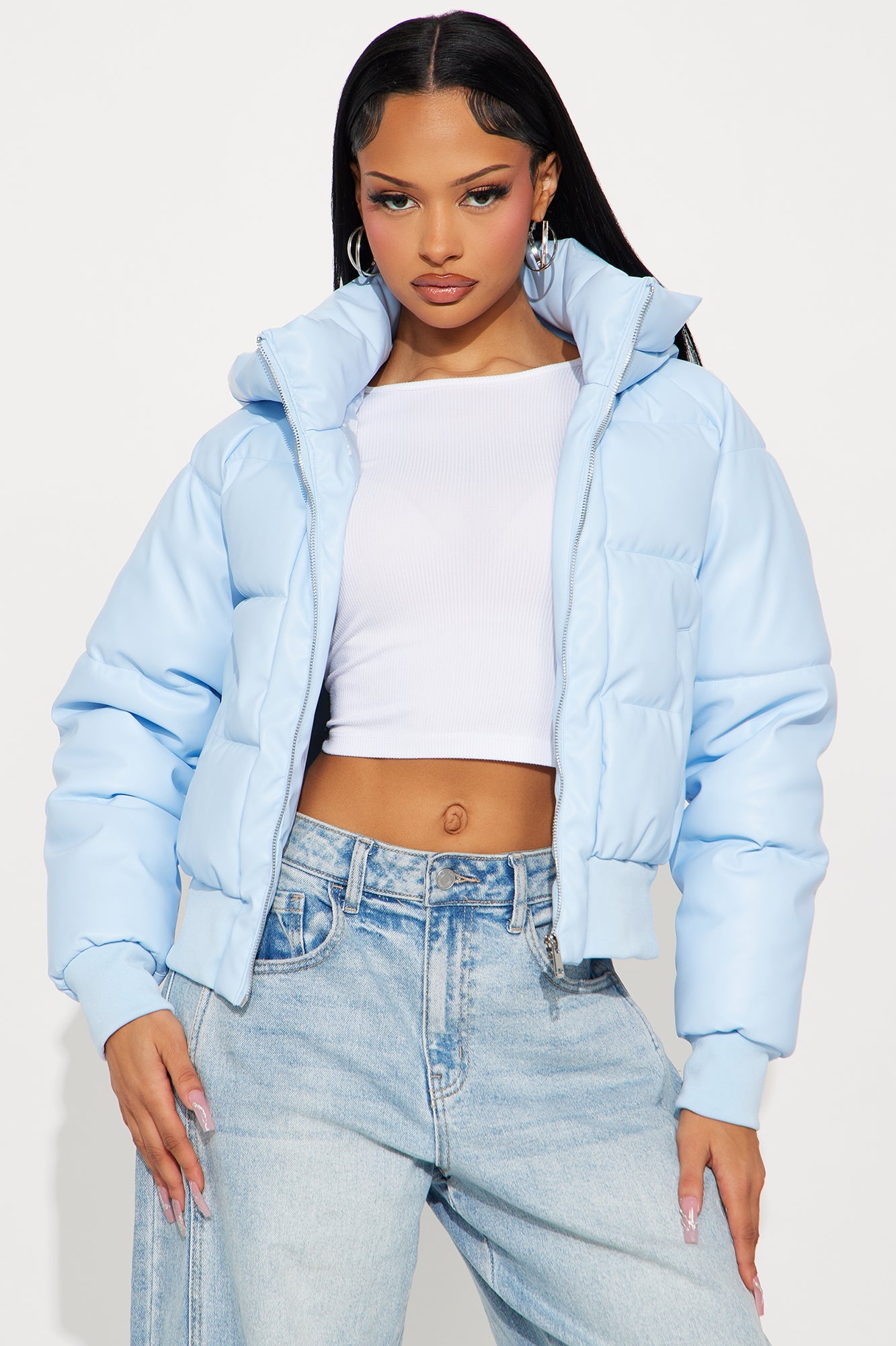 Angella Hooded Faux Leather Puffer - Light Blue