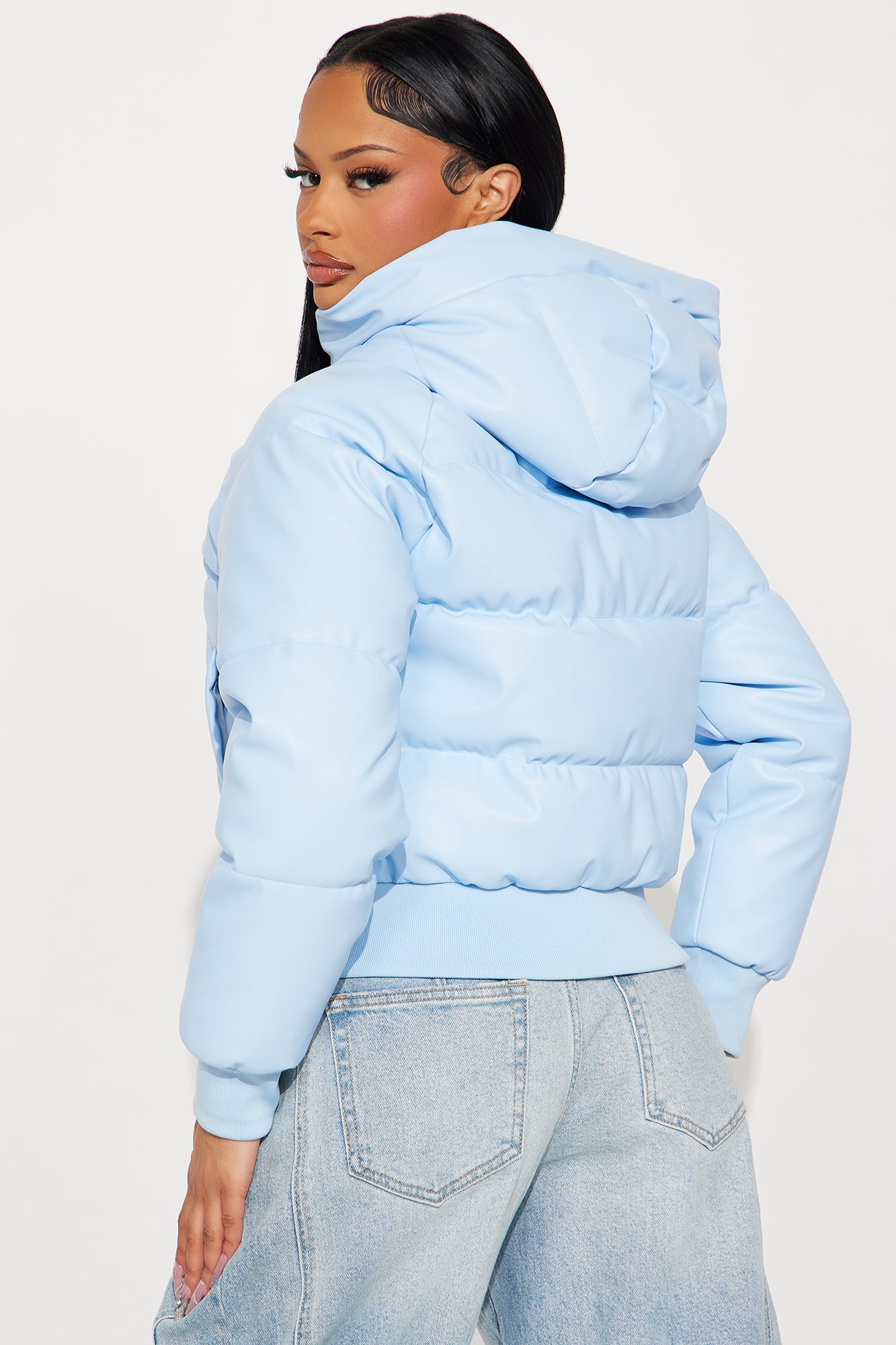 Angella Hooded Faux Leather Puffer - Light Blue