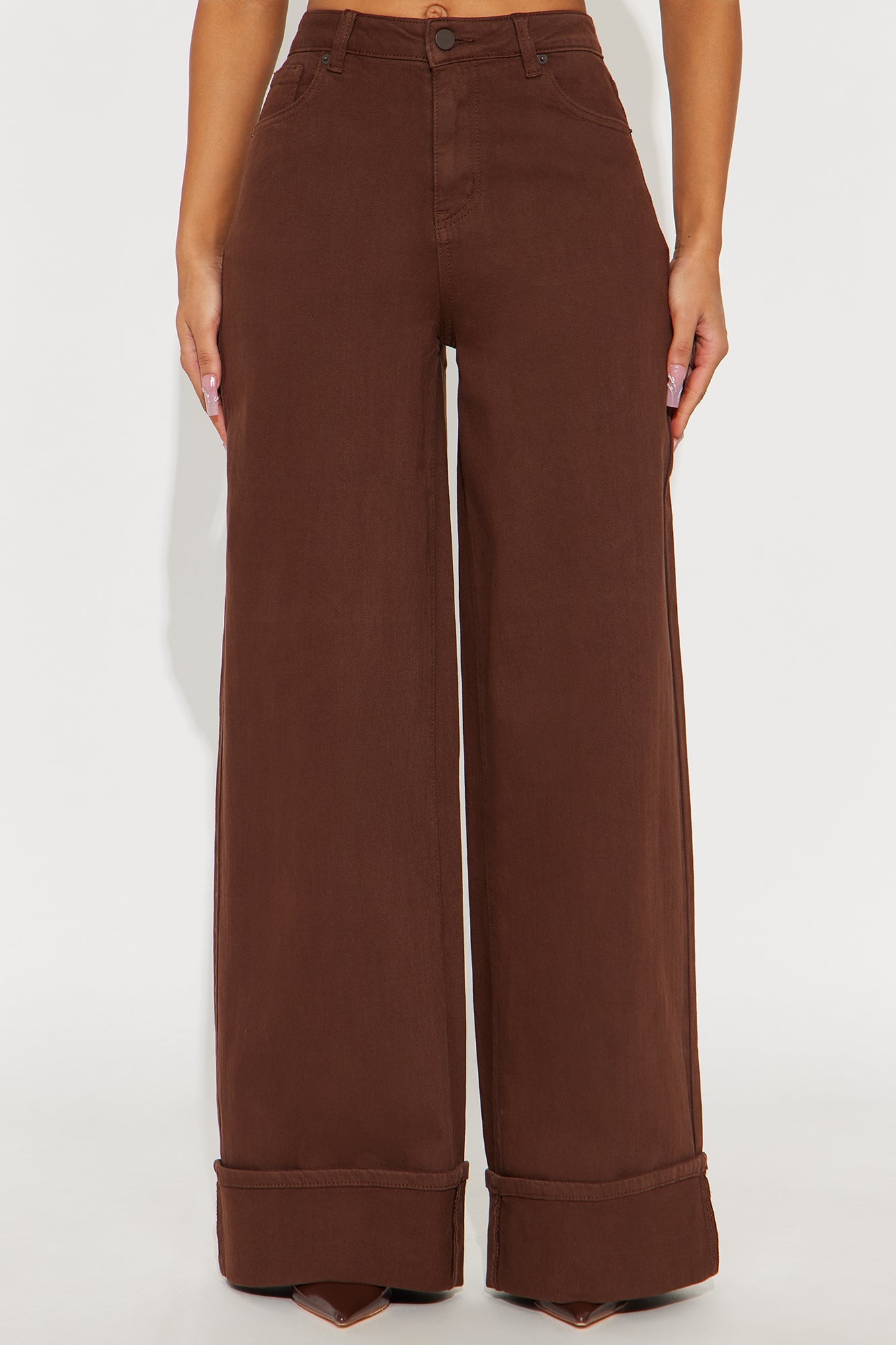 Down The Road Cuffed Wide Leg Jeans - Brown