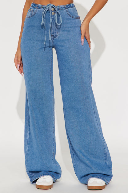 Downtown Tie Waist Wide Leg Jeans - Medium Blue Wash