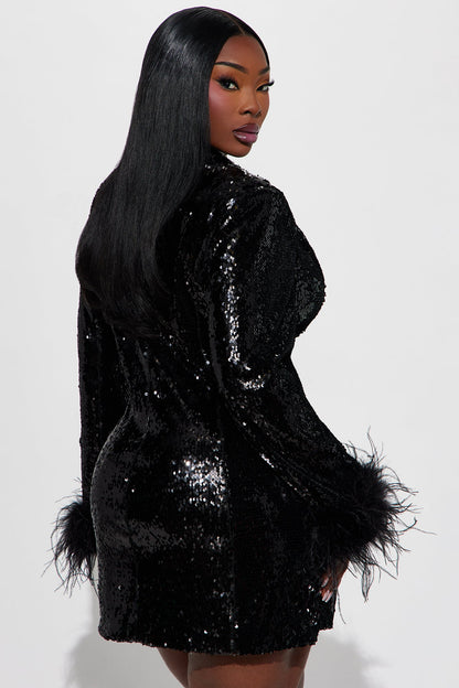 Kris Fur Trim Sequin Mini Dress - Black