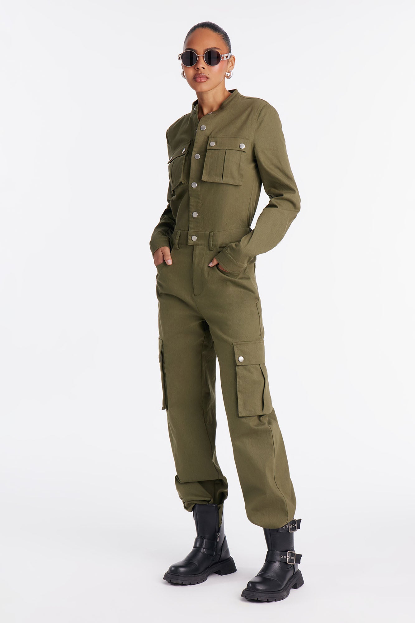 Victoria Cargo Wide Leg Jumpsuit - Olive