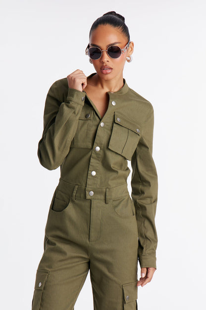 Victoria Cargo Wide Leg Jumpsuit - Olive