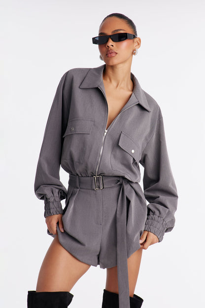Leanna Cargo Long Sleeve Romper - Charcoal