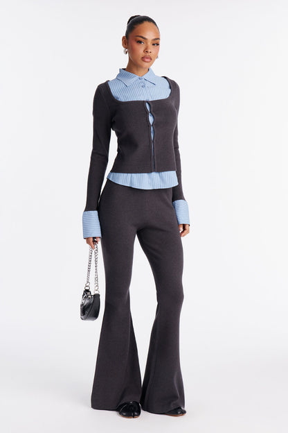 Double Take Pinstripe Sweater Pant Set - Grey