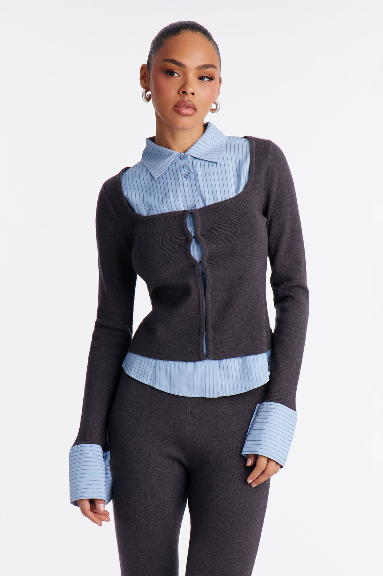 Double Take Pinstripe Sweater Pant Set - Grey