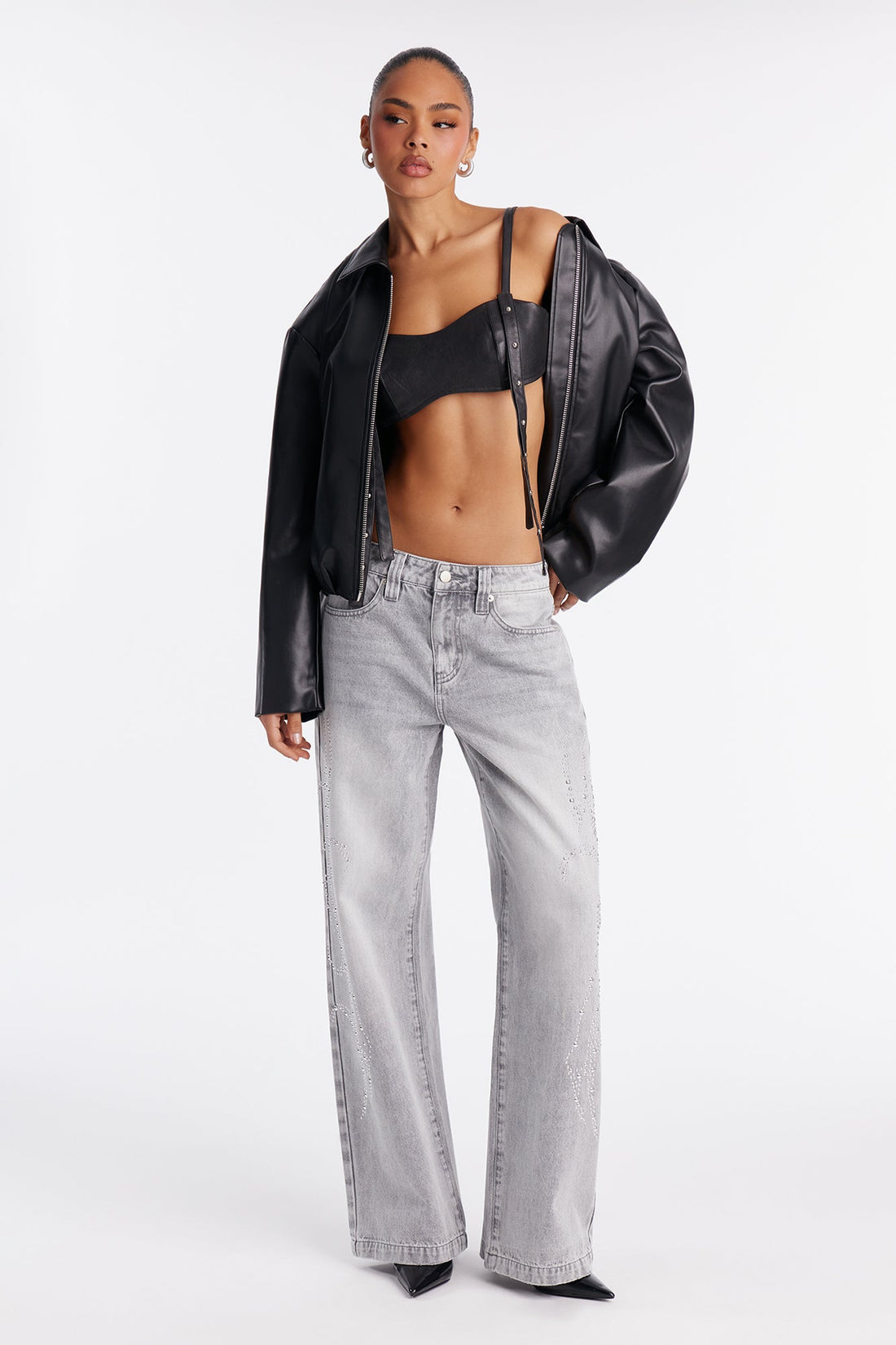 Moonchild Studded Embellishment Wide Leg Jeans - Grey