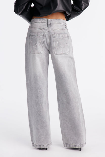Moonchild Studded Embellishment Wide Leg Jeans - Grey