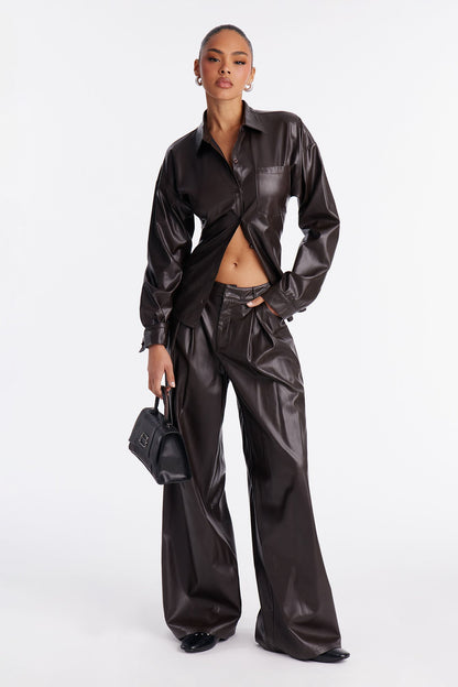 Locked In Faux Leather Lace Up Shirt Pant Set - Brown