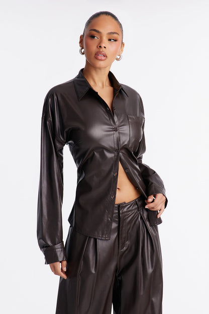 Locked In Faux Leather Lace Up Shirt Pant Set - Brown