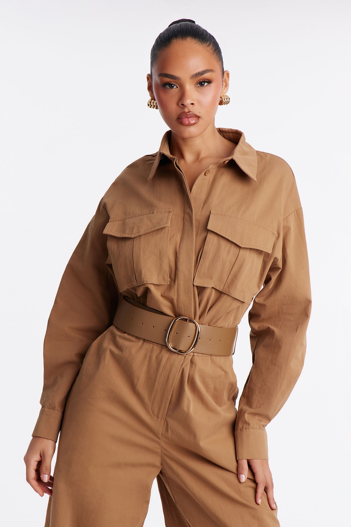 Antionette Belted Wide Leg Jumpsuit - Khaki