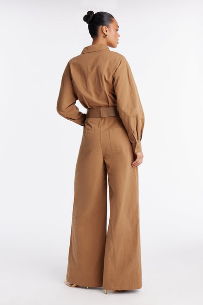 Antionette Belted Wide Leg Jumpsuit - Khaki