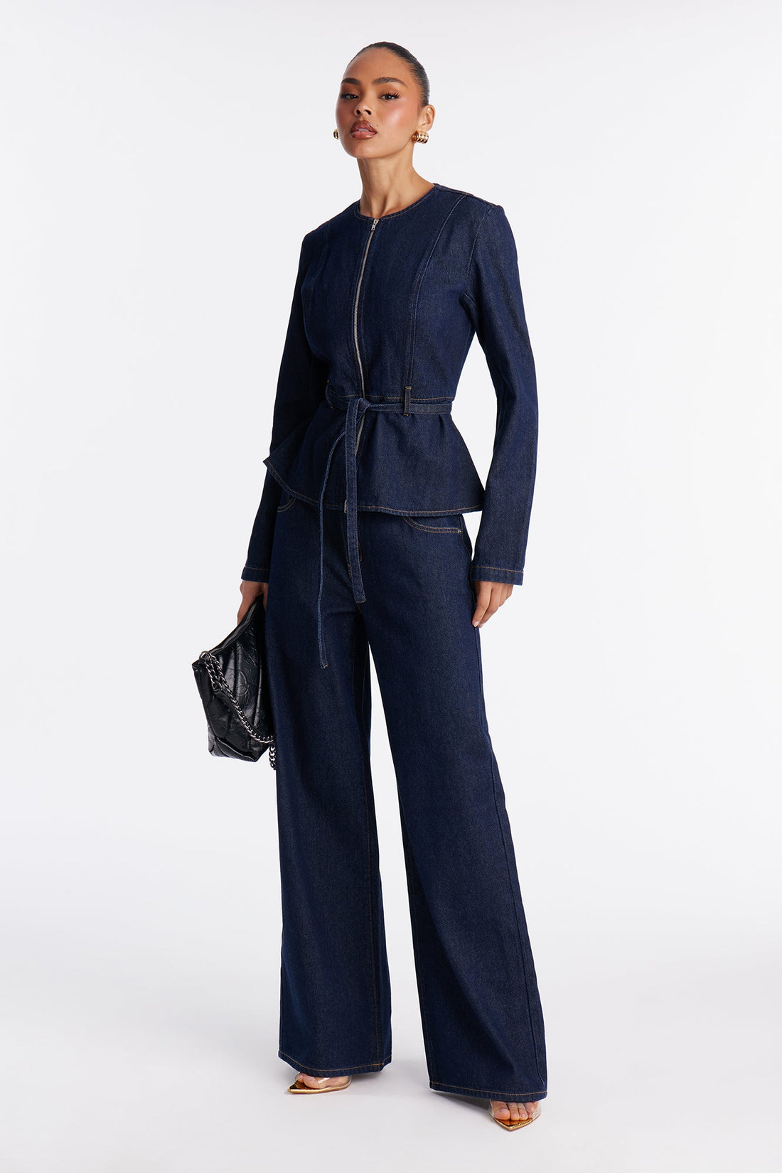 So Chic Denim Wide Leg Pant Set - Dark Wash